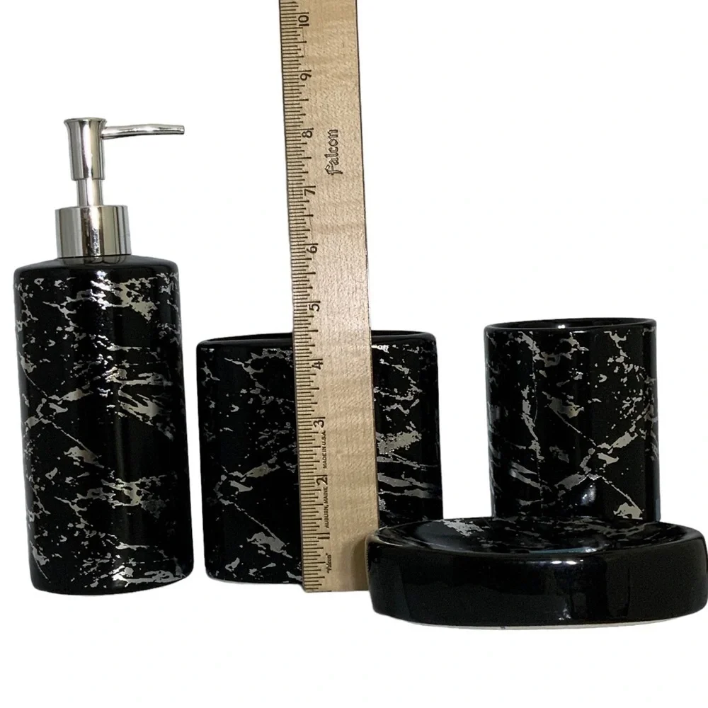 Today’s Living Black Marble Metallic Bath Accessory Set Ceramic 4 Piece Set